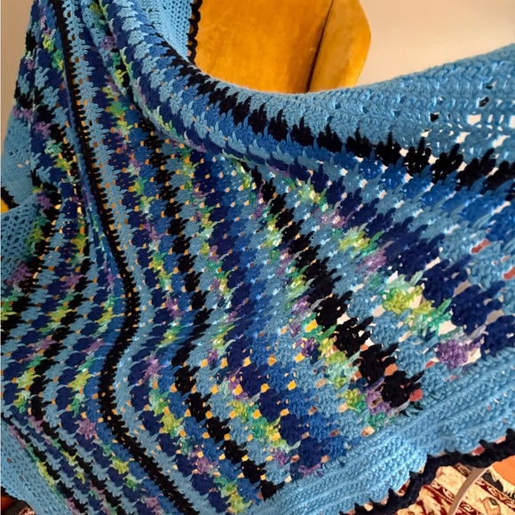Handmade Blue Multicolor Crochet Afghan Blanket Scalloped Rectangle Multicolor - Picture 8 of 10